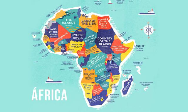 FOTO 3 | Este mapa de África muestra el autorreferente Río de ríos (Níger), el Lugar vasto (Namibia), el País de los negros (Sudán) y la Hermosa tierra del sur (Sudáfrica).