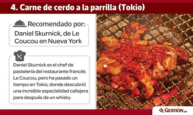 "Tras un largo día en Tokio, una medida inteligente es dirigirse a los innumerables puestos de “yakiton” (cerdo asado) que se especializan en cada una de las partes de este animal, incluyendo la lengua y el hígado.