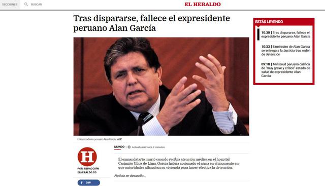 Alan García falleció este miércoles en el hospital Casimiro Ulloa. (Captura: El Heraldo - Colombia)