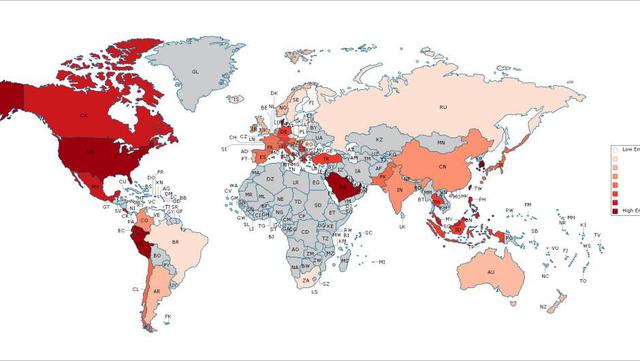 Infografía del mapa de la empatía en el mundo, donde el rojo oscuro significa mayor empatía. (Foto: Universidad de Michigan)