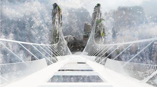 El puente de cristal más largo y alto del mundo abarca dos acantilados en la zona del Gran Cañón Zhangjiajie y tiene 430 metros de largo, 6 metros de ancho y flota sobre unos 300 metros de caída vertical. (Foto: Haim Dotham Ltd.)