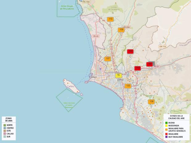 Registro del 4 de julio: Los marcadores en rojo indican que la calidad de aire es insalubre para todos mientras que los de naranja, indican insalubre para población vulnerable.
