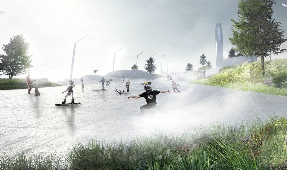 FOTO 1 | The ski slope on top of Bjake Ingels’s $660 million Amager Bakke building, known as Copenhill, will open this fall.Source: Bjarke Ingels Group