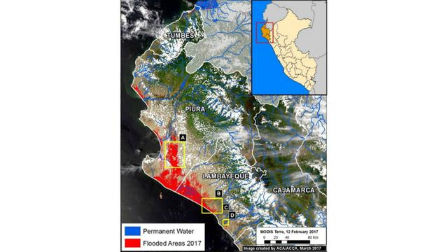El color azul muestra el caudal usual o las áreas en donde siempre hay agua. El rojo evidencia la inundación que generó el Fenómeno en el norte del Perú.