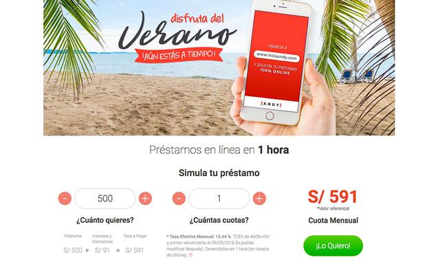 Foto 10 | No especifican sus condiciones. ¿Cuál es la tasa que se aplicará al préstamo? ¿Cuáles son las cuotas que debe pagar? ¿En qué plazos? Son algunas de las preguntas que se deben hacer antes de aceptar algún préstamo por internet. Las empresas formales como www.holaandy.com que se dedica a prestar dinero por internet de manera formal, muestra una hoja resumen y condiciones del préstamo antes que el solicitante acepte la oferta de crédito. (Foto: Holaandy)