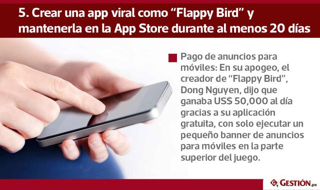Las matemáticas dicen: US$ 50,000 por día x 20 días = US$ 1'000,000.   Quién lo hizo: Dong Nguyen creó “Flappy Bird” y afirma que creció orgánicamente hasta llegar al primer lugar en la App Store. Mientras “Flappy Bird” estaba en la cima, Nguyen afir
