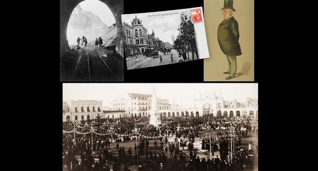 FOTO 2 | 1890: A finales del siglo XIX, Argentina comenzó a tomar préstamos para construir trenes y transformar a Buenos Aires en la capital cosmopolita de hoy en día. London’s Barings Bank invirtió agresivamente en ferrocarriles y otros proyectos de servicios públicos. El sur de Argentina también tuvo un auge con la cría de ovejas a lo largo de las praderas patagónicas, y exploradores de oro llegaron ansiosos a Tierra del Fuego. La euforia se desvaneció cuando estalló la burbuja de las materias primas. La nación detuvo el pago de la deuda, lo que provocó inestabilidad en los bancos argentinos y la renuncia del presidente Miguel Juárez Celman. Ese noviembre, Barings llegó cerca a la insolvencia. Argentina salió del incumplimiento cuatro años después, impulsada por capital fresco del Reino Unido. 
Imagen superior, de izquierda a derecha: construcción del ferrocarril argentino en Mendoza c1905, una postal de la Calle Santa Fe en Buenos Aires y una caricatura que representa a 1st Lord Revelstoke, socio sénior de Barings en el momento de la crisis. Imagen inferior: una multitud en la Plaza de la Victoria (Plaza de Mayo) c1880. (Foto: Getty Images/ The Baring Archive PR / 103)