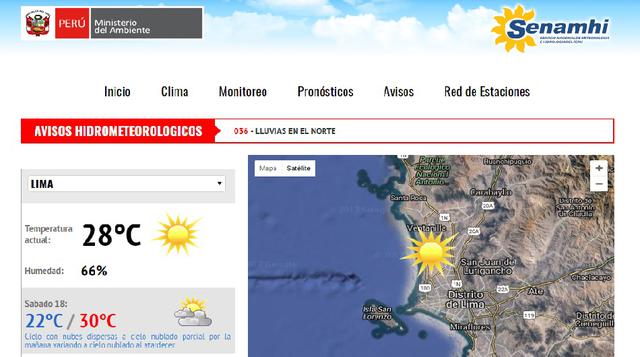 Un segundo portal con información de pronósticos climáticos del Senamhi es Perú Clima: http://www.peruclima.pe/