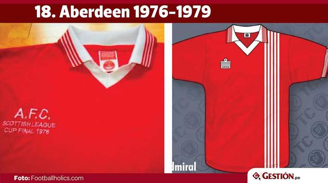 Una más de Escocia. El Aberdeen lució estos colores y aquellas cinco franjas blancas entre los años 1976 y 1979. Funfact: Alex Ferguson dirigió este club antes de ir al Manchester United.