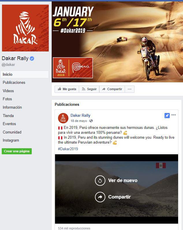Dakar 2019, el último post fue publicado el pasado 18 de junio. (Foto: Imagen captura de Facebook)