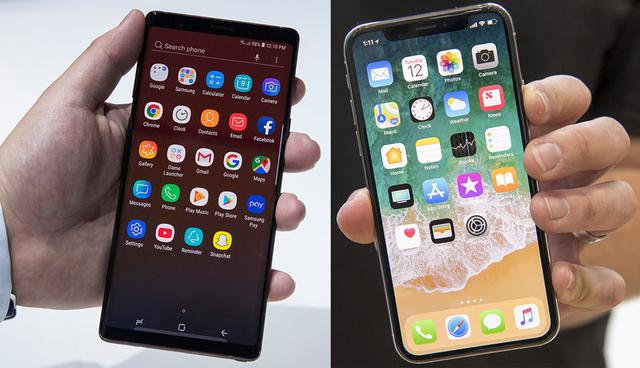 FOTO 1 | Tamaño: Hay una clara diferencia entre el Galaxy Note 9 y el iPhone X. El aparato de Samsung mide 16.2 centímetros (6.4 pulgadas), mientras que el iPhone X mide apenas 14.7 centímetros (5.4 pulgadas). (Foto: Bloomberg)