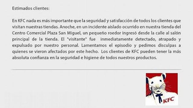 KFC. En agosto del año pasado se difundieron las denuncias de consumidores sobre la presencia de un roedor en su local limeño de Plaza San Miguel. Aquí los usuarios se burlan del comunicado emitido por la cadena de comida rápida. (Facebook)