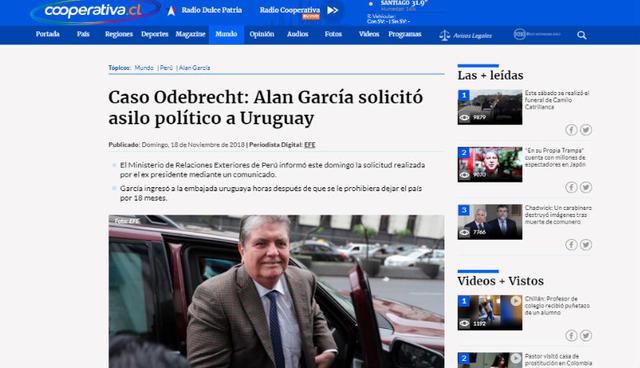 El objetivo de la petición de la fiscalía de impedir que García salga de Perú fue para evitar que eluda el proceso. (Foto: Cooperativa - Chile)