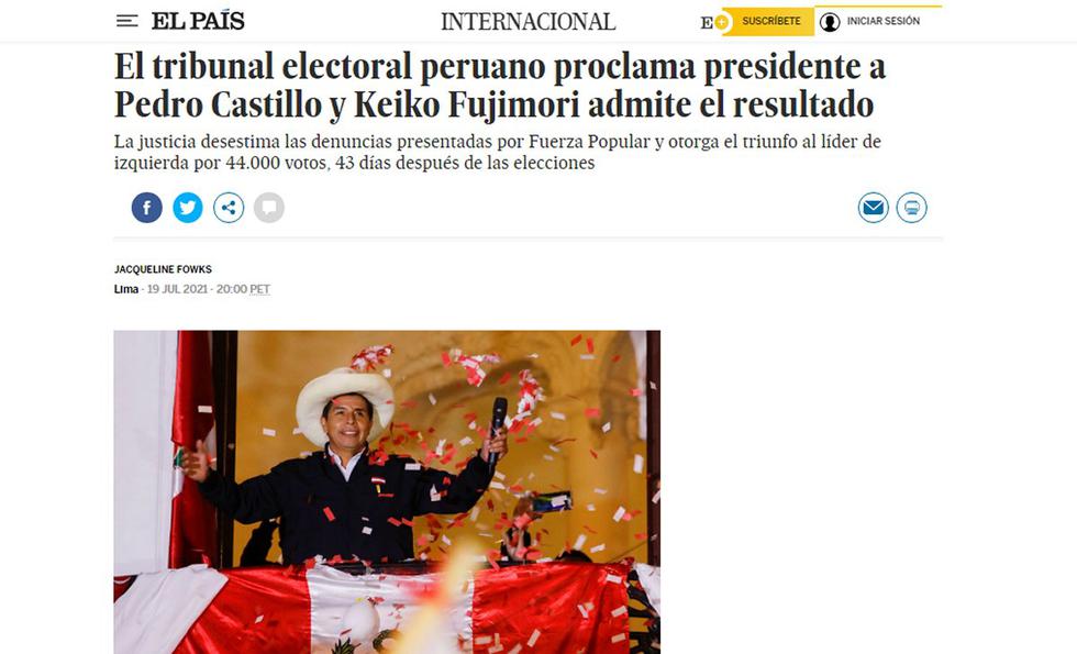 Pedro Castillo fue proclamado este lunes presidente electo de Perú, tras seis semanas en vilo luego del reñido balotaje del 6 de junio. (Foto: El País de España)