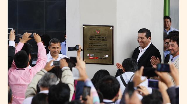 El presidente Ollanta Humala, el ministro de Transportes, Carlos Paredes, y ejecutivos del consorcio Metro de Lima, estuvieron en la ceremonia de inauguración. (Foto: Manuel Melgar)