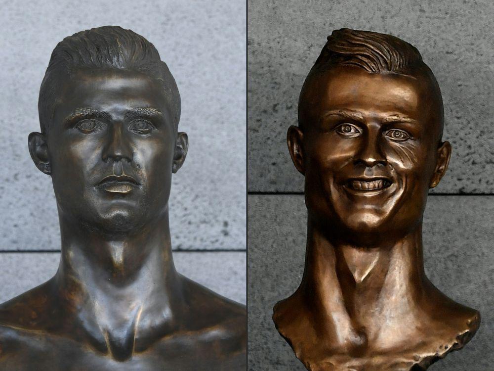 El nuevo busto de Cristiano Ronaldo (lado izquierdo) ahora se luce en el aeropuerto de Madeira. (Foto: AFP)