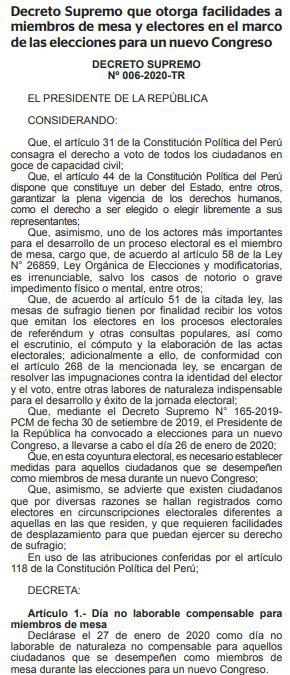 Los miembros de mesa tendrán como día no laborable compensable el 27 de enero, el día después de las elecciones 2020. (El Peruano)