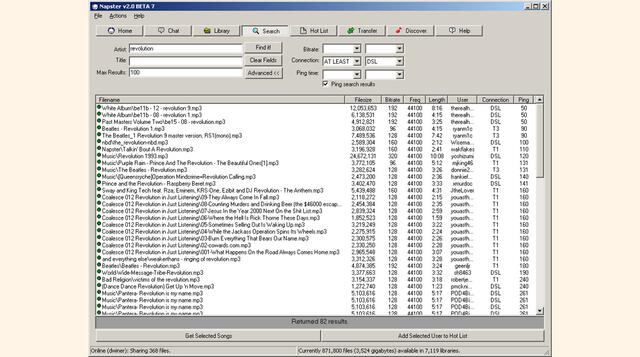 Napster. Fue un servicio de distribución gratuita de archivos de música en formato MP3. En 1999, algunas empresas discográficas iniciaron un juicio en contra de Napster por los derechos del autor. Alcanzó a tener 26.4 millones de usuarios en el 2001.