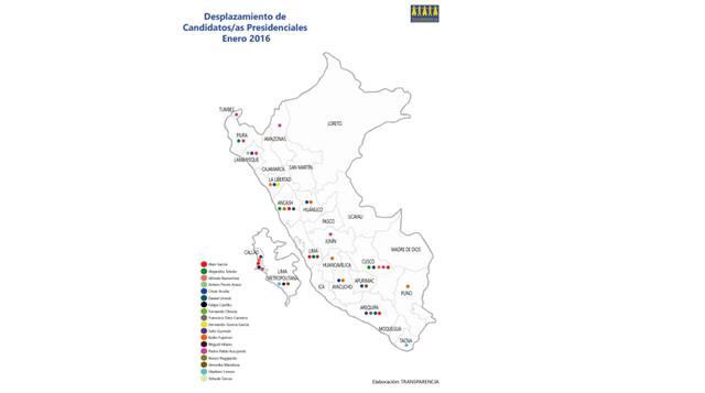 Cuatro departamentos (Ancash, Arequipa, Callao y Cusco) fueron visitados por 4 o 5 candidatos. Además, 14 regiones (Amazonas, Apurímac, Ayacucho, Huancavelica, Huánuco, Junín, La Libertad, Lambayeque, Lima Metropolitana, Lima Región, Piura, Puno, Tacna y 