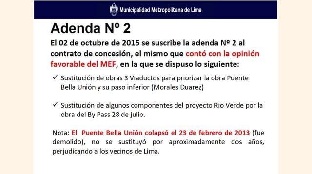 En el 2015, Castañeda refirió que se suscribió una segunda adenda al contrato de concesión la que contó con la posición favorable del MEF.