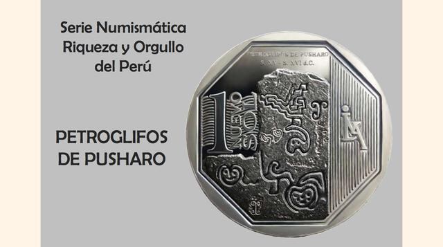 La moneda de un Nuevo Sol alusiva a "Los Petroglifos de Pusharo" es la vigésima de la Serie Numismática. En el reverso se observa una composición con los petroglifos más representativos de Pusharo, ubicados en Madre de Dios.