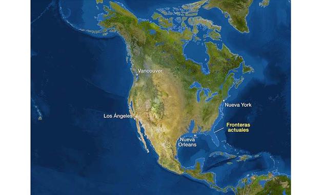 América del Norte. Toda la costa Atlántica de EEUU desaparecería debajo del agua, incluyendo las costas del Golfo de México, Florida y la mayor parte de California.
