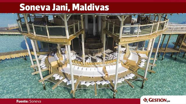 El hotelero Sonu Shivdasani llama los pisos de hamaca en sus cabañas erigidas sobre el agua de "zonas de ensueño", y con razón: no hay nada como dormir suspendido suavemente sobre las olas. Desde US$ 1,870 por noche.