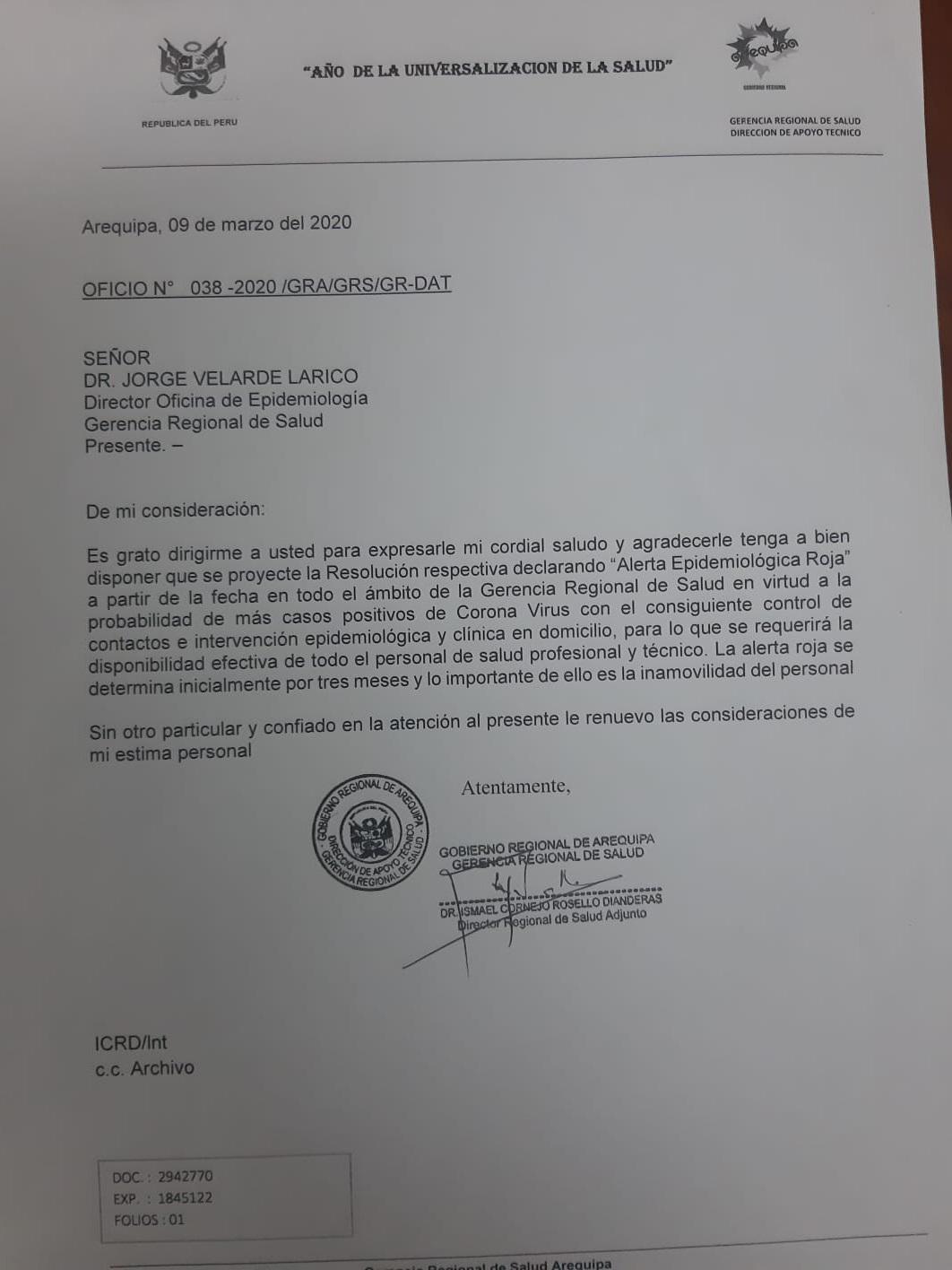 Gobierno Regional de Arequipa declara alerta epidemiológica a nivel rojo por coronavirus