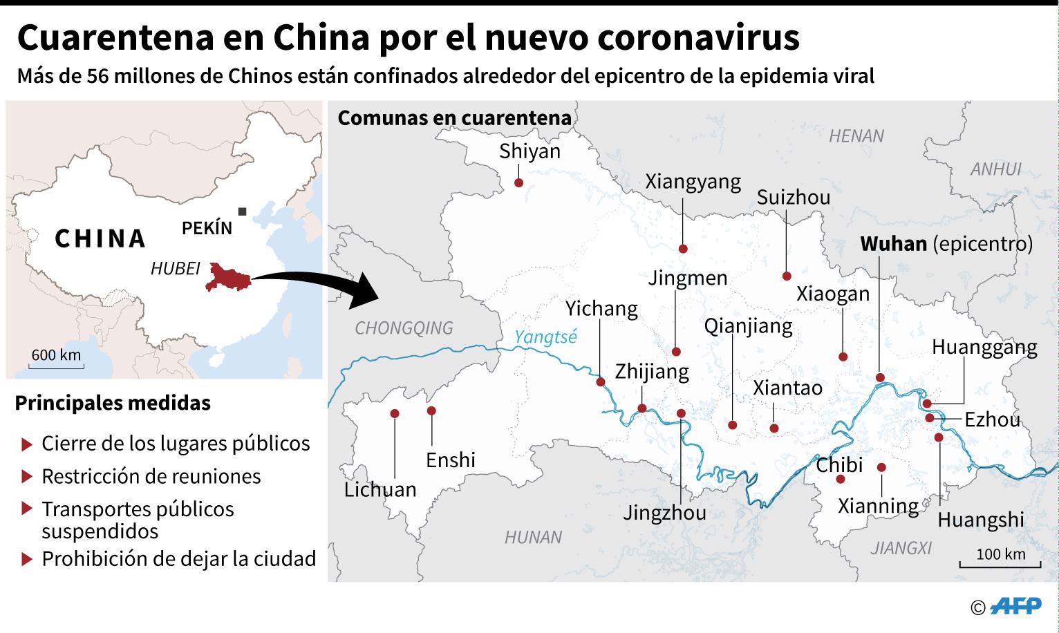 Mapa de las comunas chinas en cuarentena por el nuevo coronavirus que apareció en Wuhan. (AFP).
