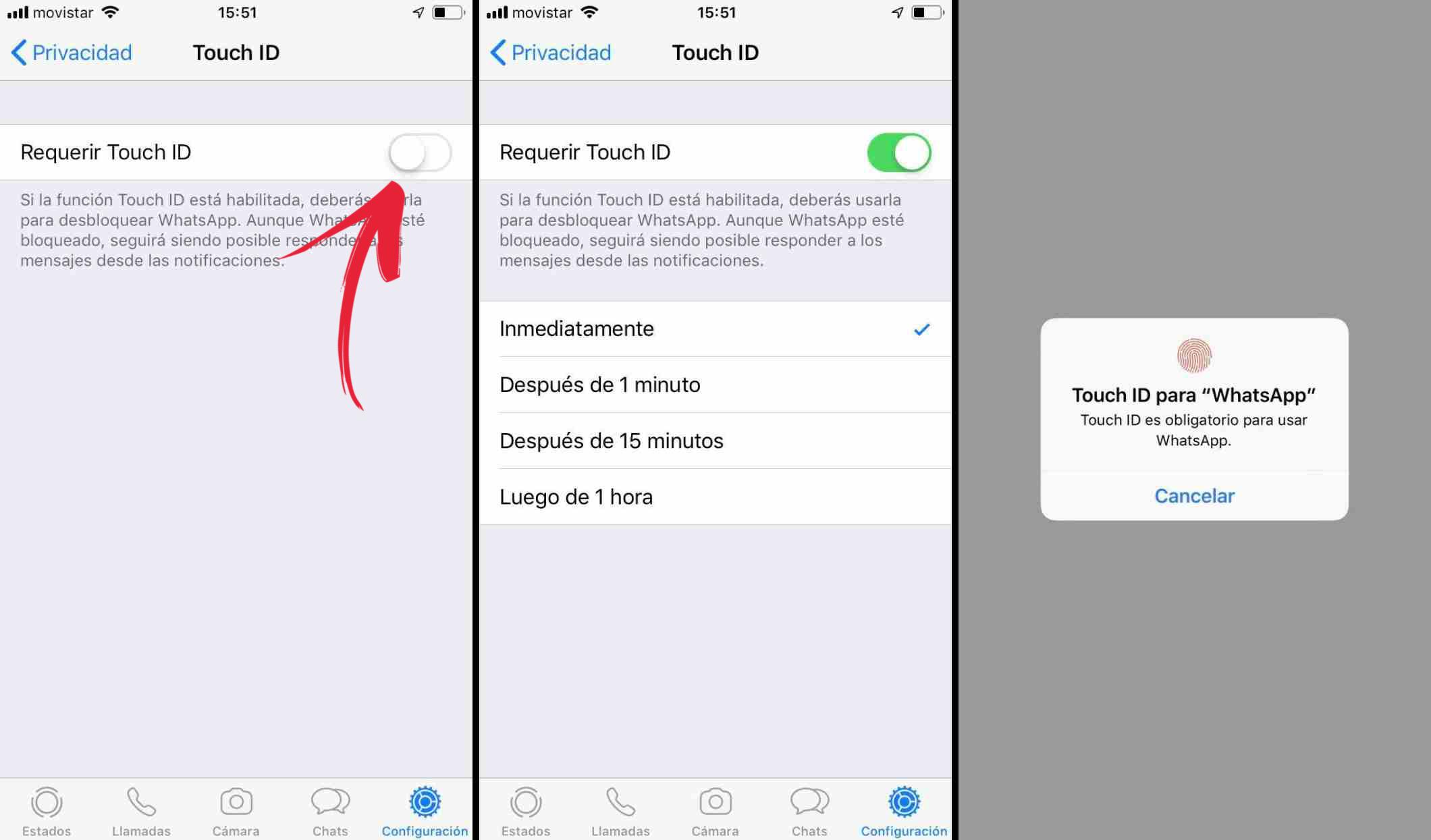 Lo siguiente es activar el requerimiento de Touch ID y determinar después de cuánto tiempo la pantalla de WhatsApp se bloqueará. Así, cuando se quiera ingresar a la app se pedirá la huella o el reconocimiento facial.