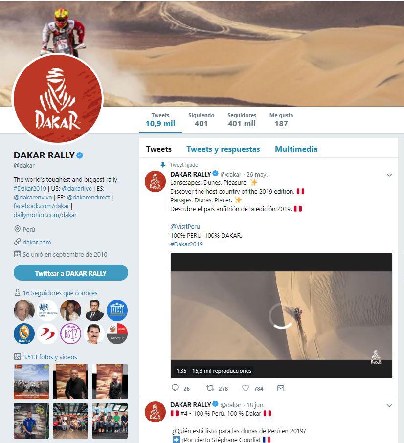 Dakar 2019. Promoción de la red social Twitter, cuyo último post fue publicado el 18 de junio, tras conocerse las versiones de evaluación del Ejecutivo.