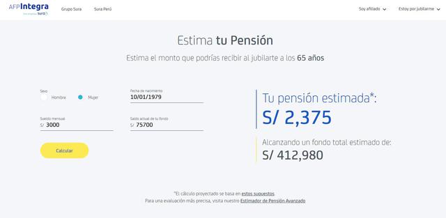 Una mujer de 40 años, con un ingreso de 3,000 y con un fondo actual de S/ 75,700; recibiría de pensión de S/ 2,375.