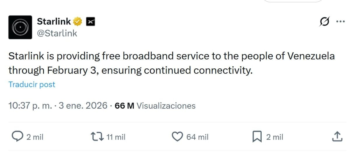 Starlink anunció que ofrecerá acceso gratuito a su servicio de internet satelital en Venezuela hasta el 3 de febrero. Foto: X.