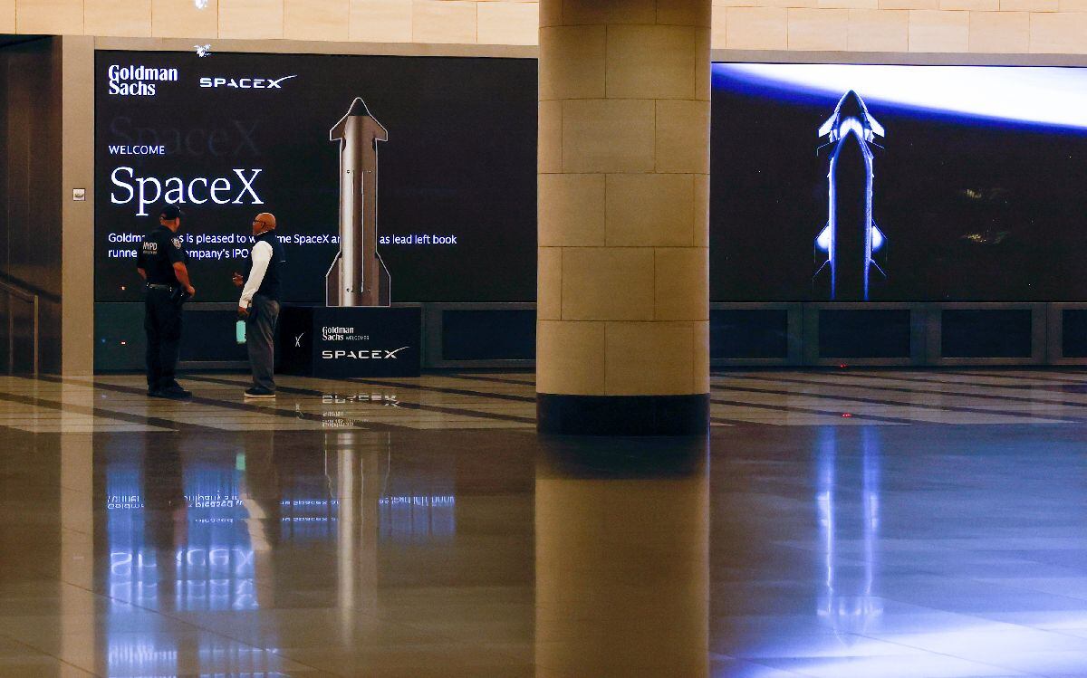 SpaceX signage in the lobby of the Goldman Sachs headquarters in New York, US, on Wednesday, June 3, 2026. Goldman Sachs Group Inc. and Morgan Stanley are co-lead on the SpaceX IPO, with Morgan Stanley noting their listing is in alphabetical order.