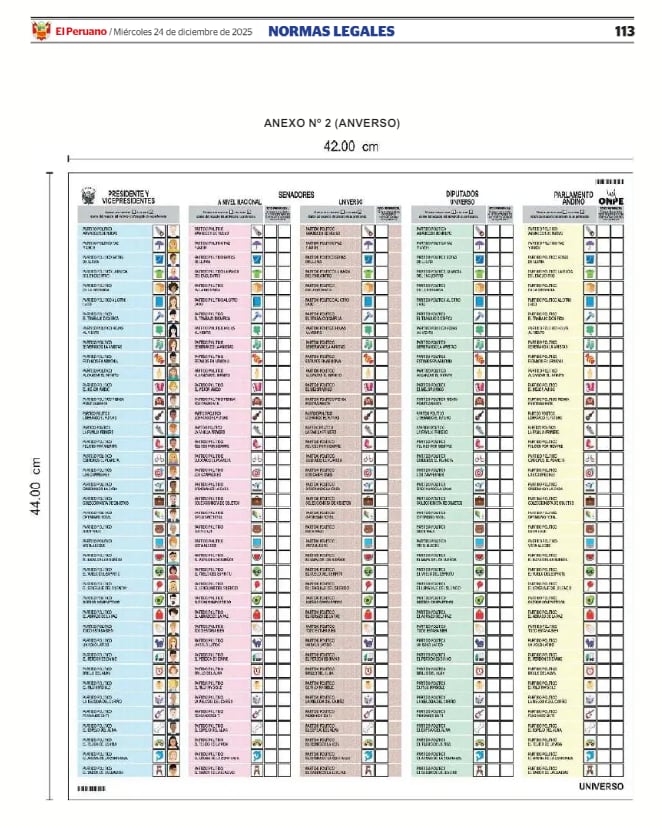 Así será la cédula de votación para las elecciones generales 2026 el próximo 12 de abril.