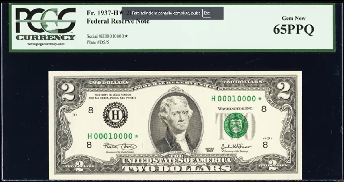 Así es el billete de US$2 con número binarios y estrella al final (Foto: Heritage Auctions, HA.com / YouTube de Daniel Martel)