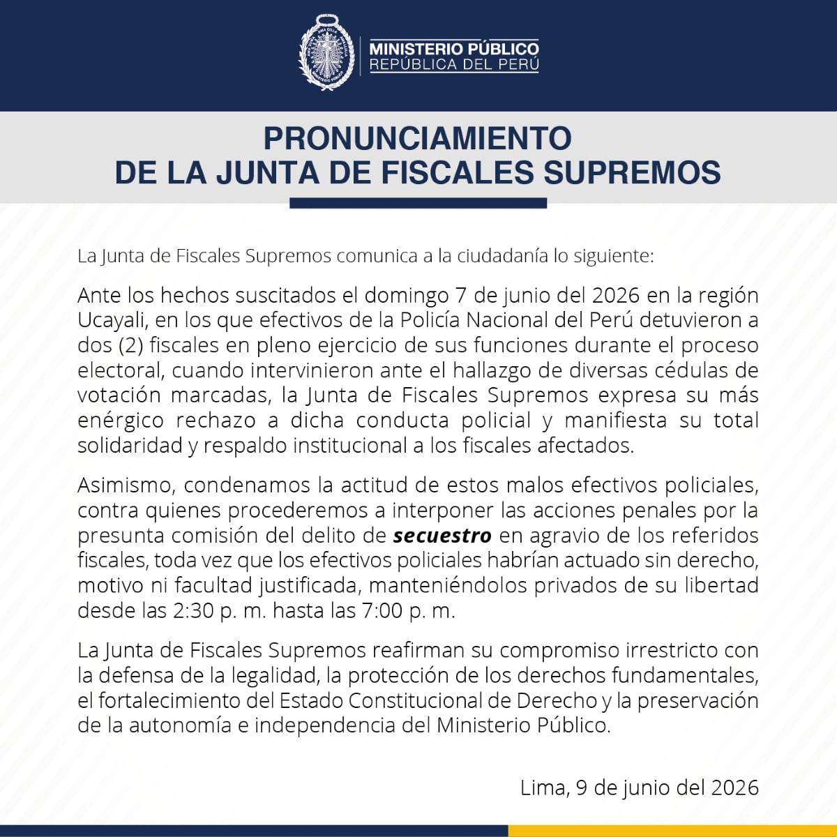 La Junta de Fiscales Supremos rechazó la detención de dos fiscales en Ucayali durante la jornada electoral del 7 de junio. Foto: X.