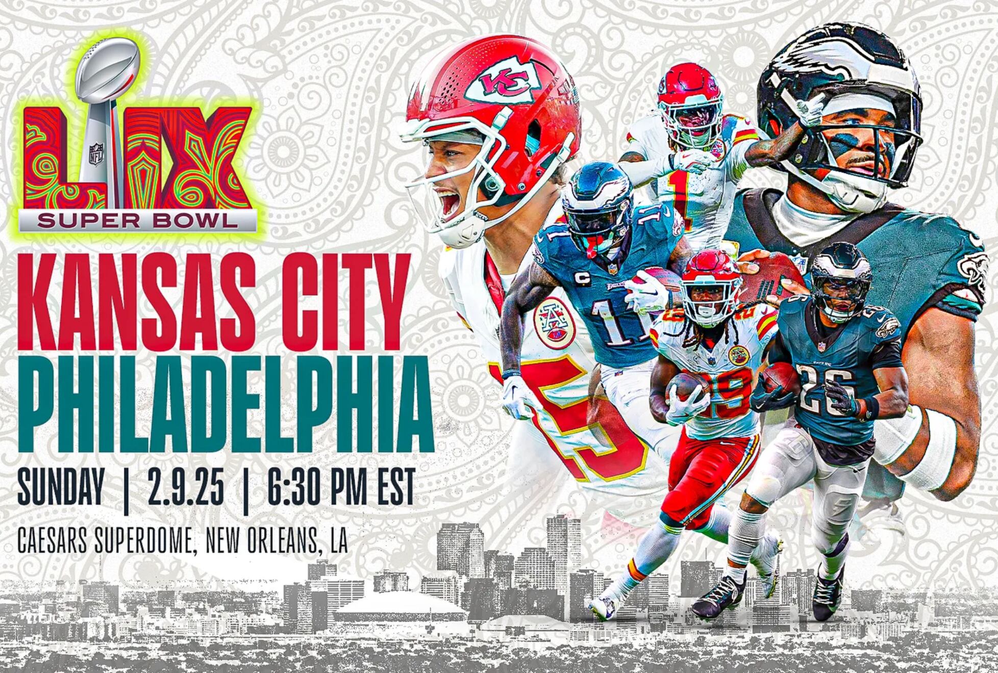 Sigue el juego entre Kansas City Chiefs y Philaldelphia Eagles EN VIVO EN DIRECTO por el Super Bowl LIX a realizarse este domingo 9 de febrero desde el Caesars Superdome de Nueva Orleans, Luisiana (Foto: Super Bowl)