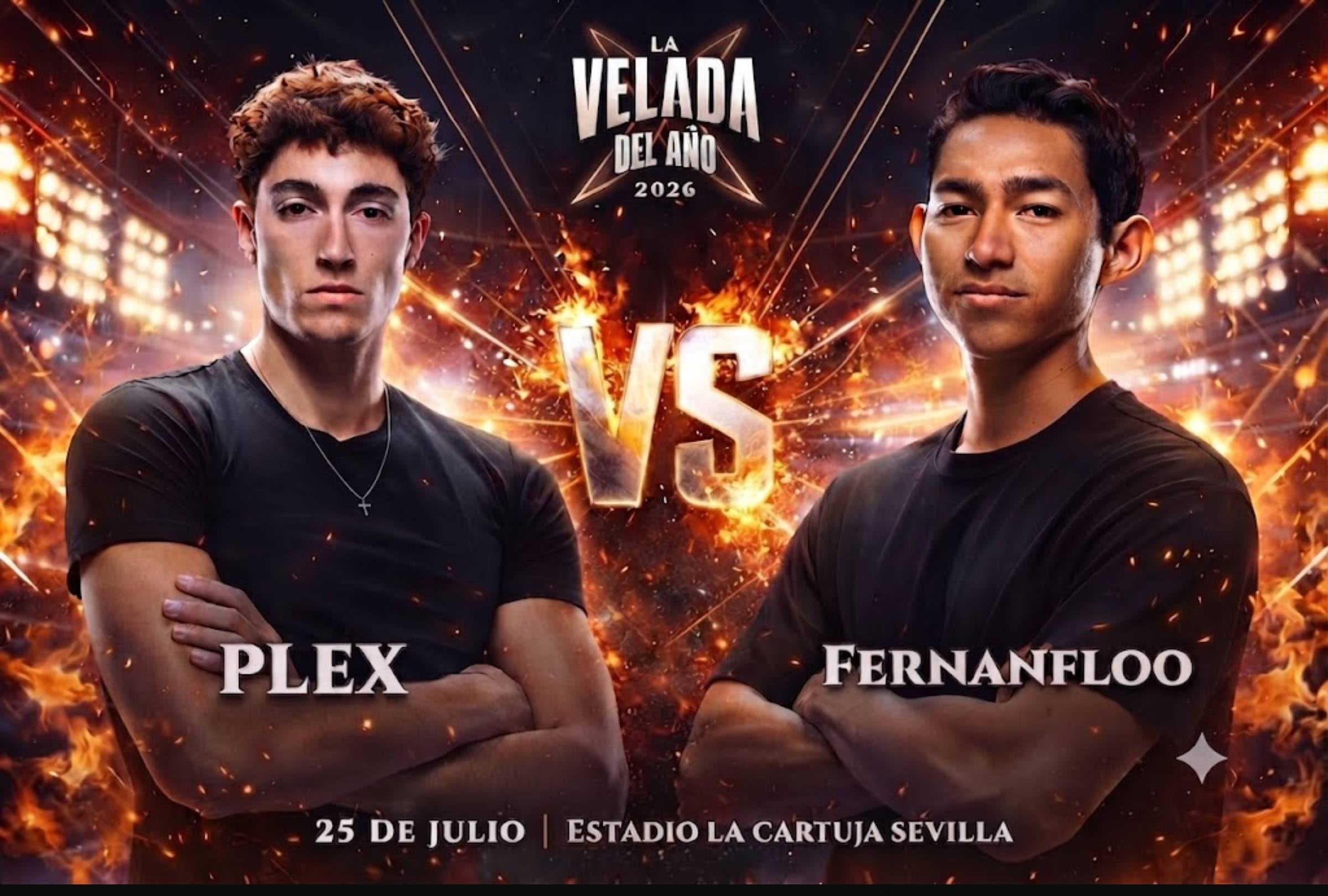 ISLA DE LA CARTUJA, SEVILLA, (ESPAÑA), 25/07/2026.- Hora y dónde ver la pelea Plex vs. Fernanfloo por la Velada del Año 6 que se realizará este sábado 25 de julio en el Estadio La Cartuja, Sevilla, España. FOTO: Imagen creada por Gemini.