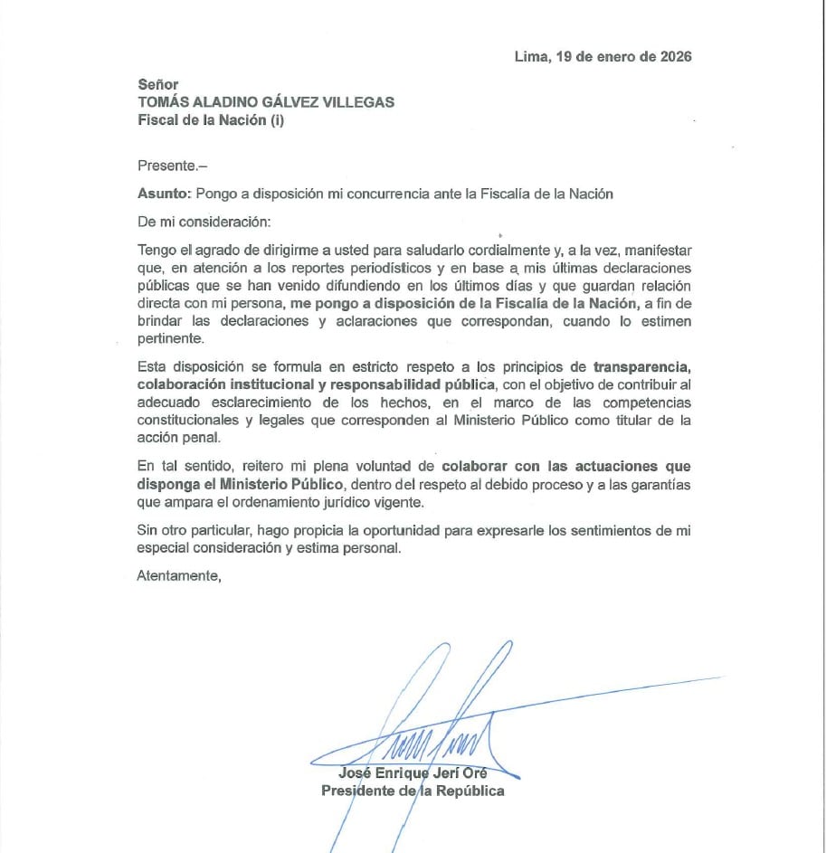 Carta de José Jerí al Fiscal de la Nación, Tomás Gálvez.