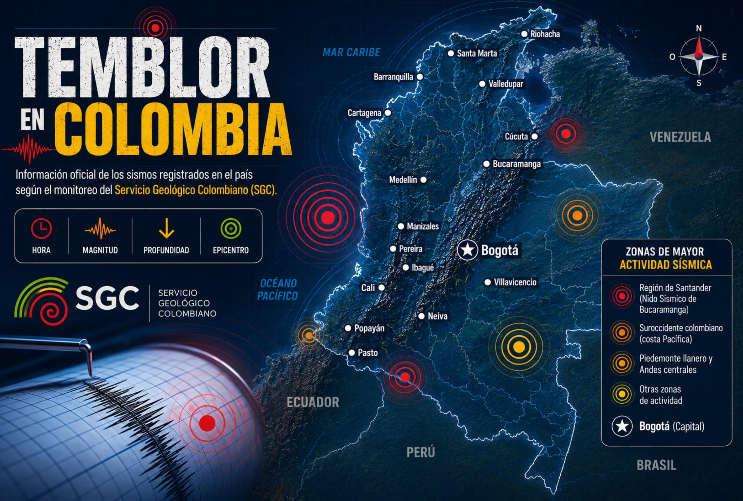 BOGOTÁ (COLOMBIA), 31/08/2026.- Te compartimos los datos sobre dónde y a qué hora fueron registrados los últimos temblores en Colombia este lunes 31 de agosto, así como su magnitud, profundidad y epicentro, según el reporte del Servicio Geológico Colombiano (SGC). FOTO DE NOÉ YACTAYO CON DATOS DEL SGC DE COLOMBIA