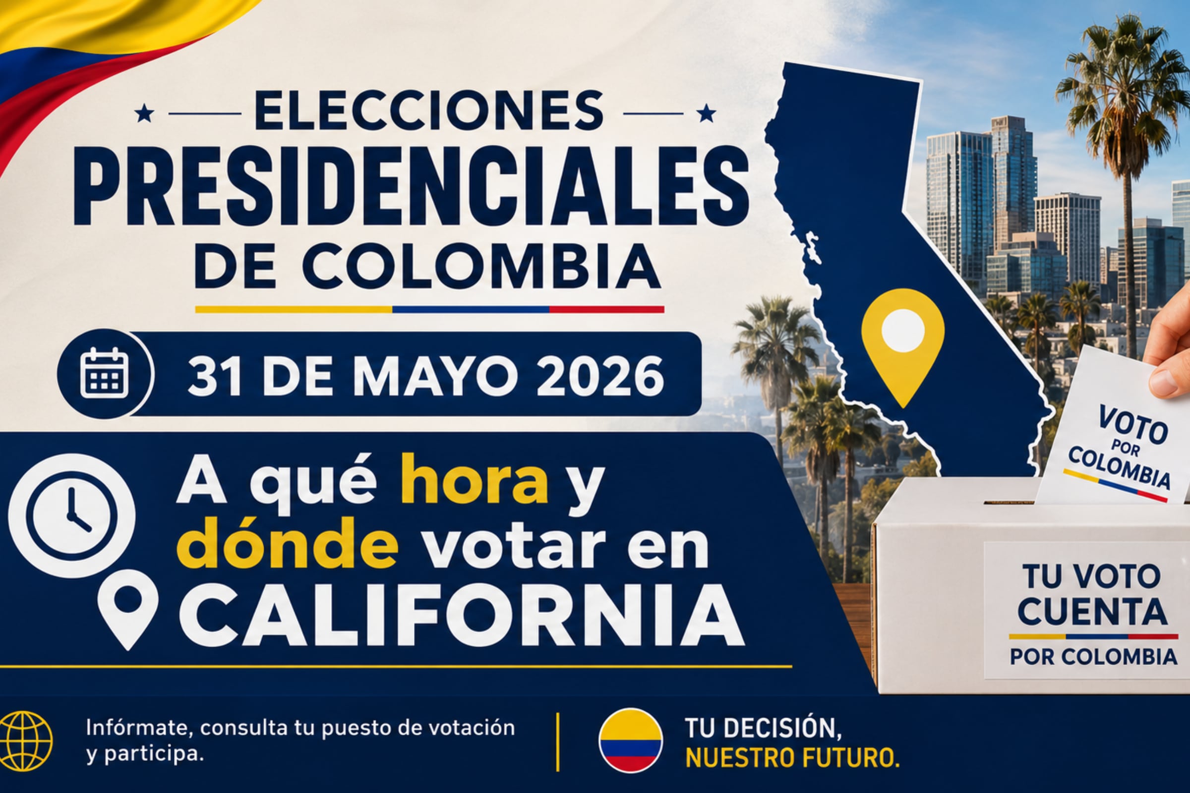 Desde California, consulta a qué hora y dónde puedes votar si eres colombiano, este domingo 31 de mayo de 2026, por las Elecciones Presidenciales de Colombia. (Foto: Imagen creada por El Comecio MAG utilizando la IA de Chat GPT)