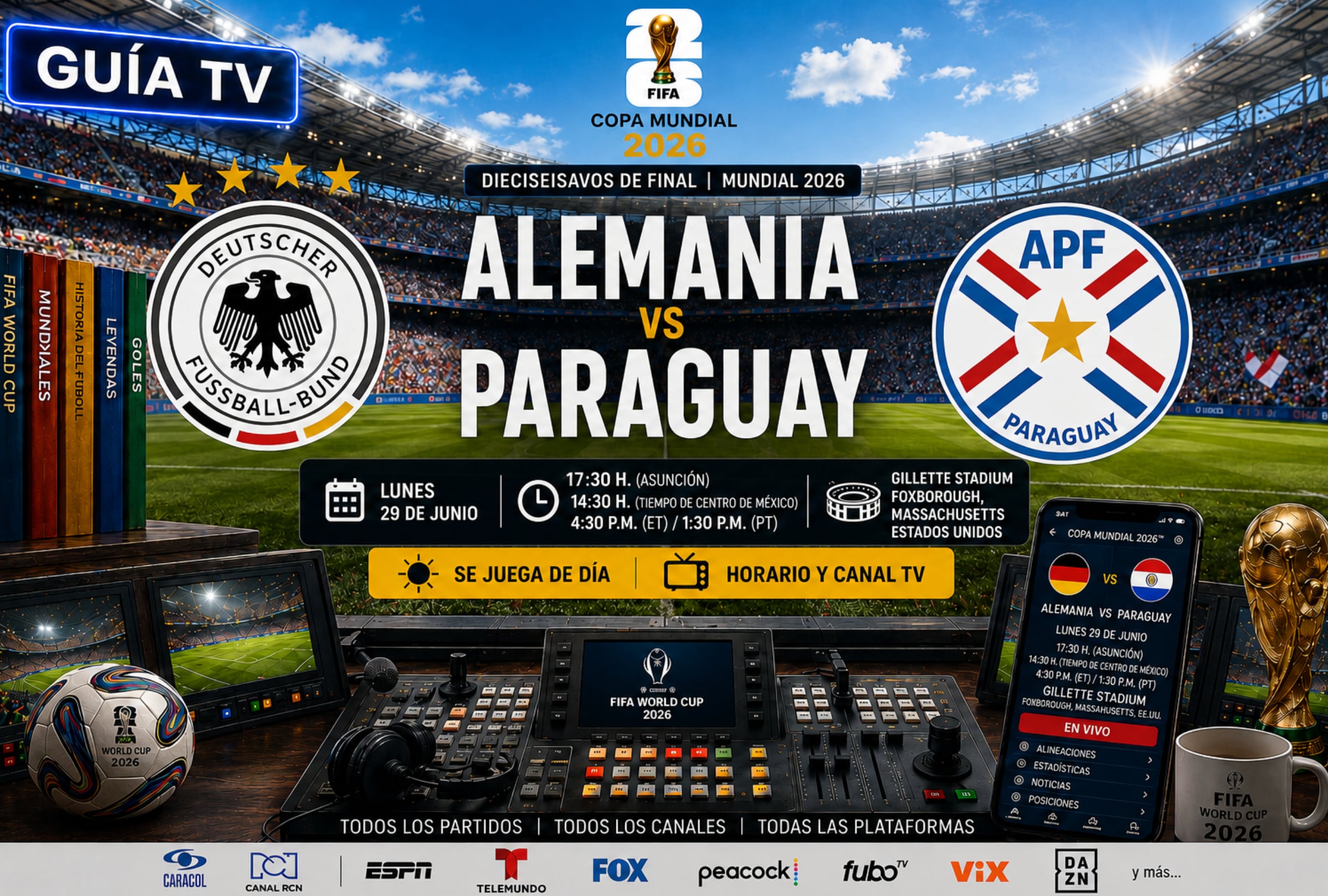 FOXBOROUGHT, MASSACHUSETTS (ESTADOS UNIDOS), 29/06/2026.- Lista de horarios y canales de televisión para ver el partido de Alemania vs. Paraguay en vivo, online y gratis hoy por los dieciseisavos de final del Mundial 2026 en el Gillete Stadium de Foxborough, Massachusetts. FOTODE NOÉ YACTAYO