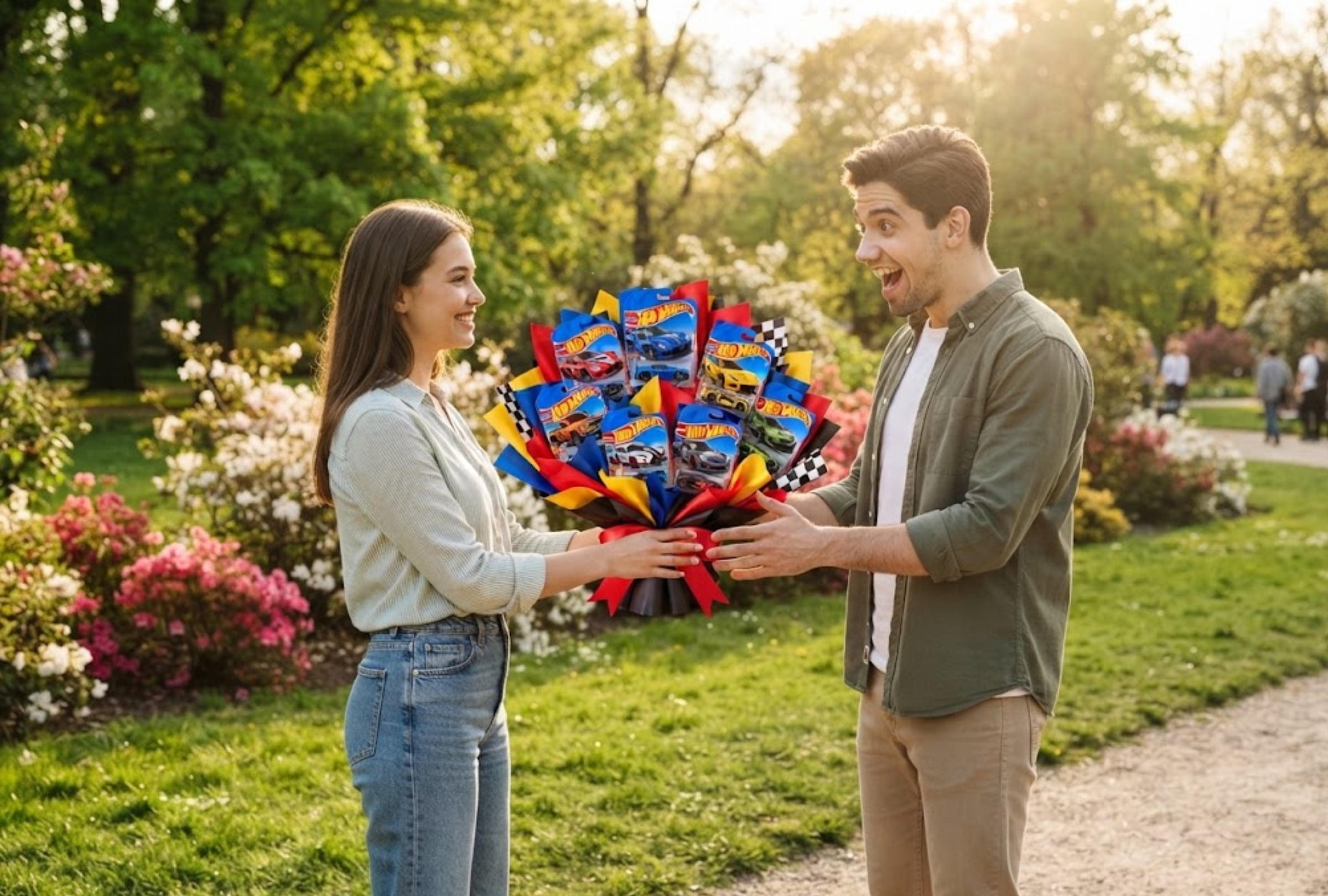 Ideas originales para regalar ramos de Hot Wheels a tu persona favorita este 30 de septiembre. FOTO: Imagen creada por la IA de Gemini.