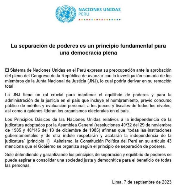 ONU se refiere a la separación de poderes frente a al decisión del Congreso. Foto: ONU