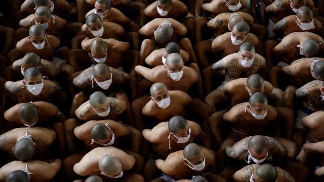 Pandilleros de Mara Salvatrucha y Barrio 18 permanecen juntos en formación. (Foto: Rodrigo Sura, EFE).