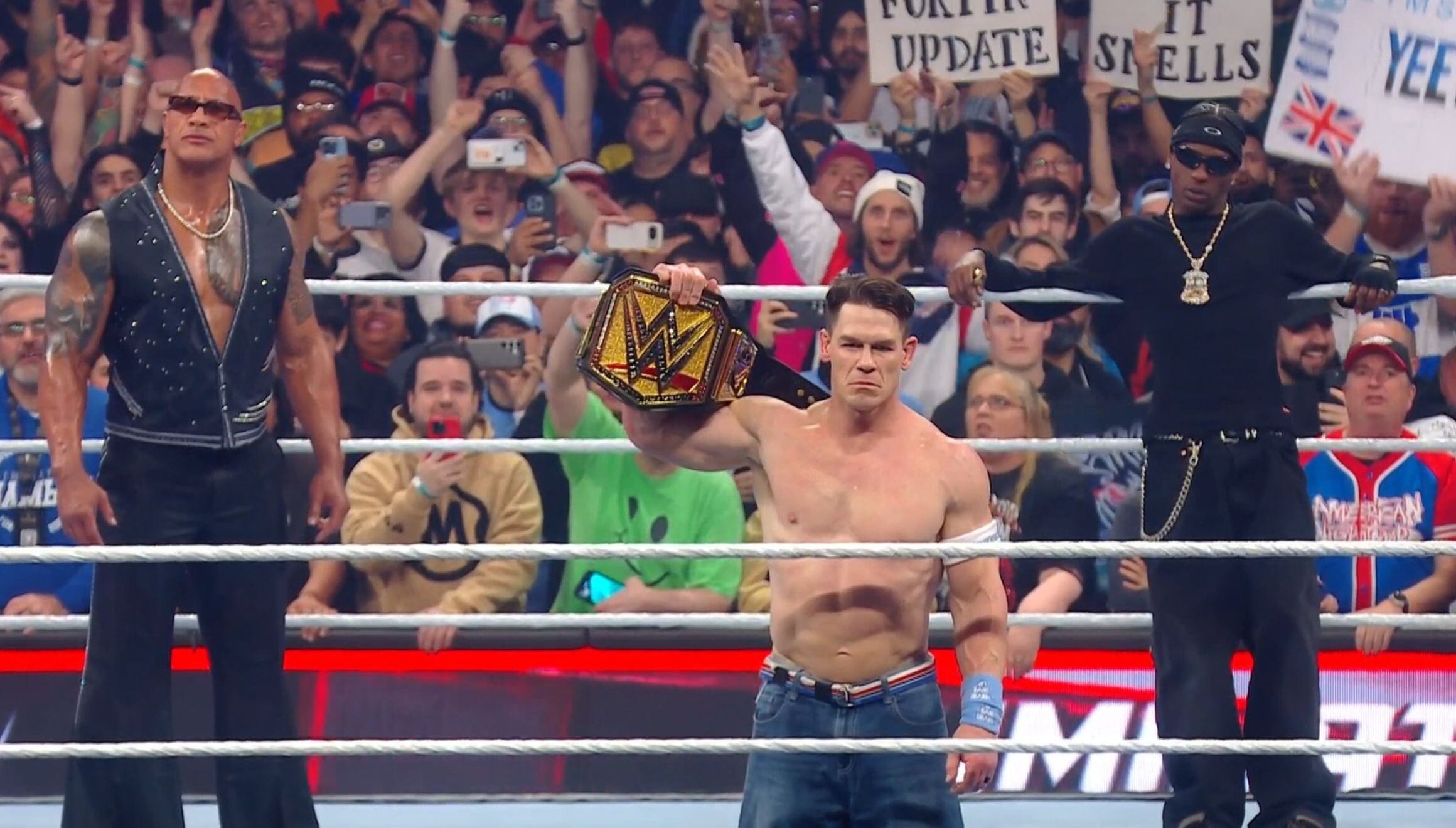 John Cena se alió con The Rock para asegurar su participación en el evento estelar de WrestleMania para conquistar su campeonato número 17. | Crédito: WWE