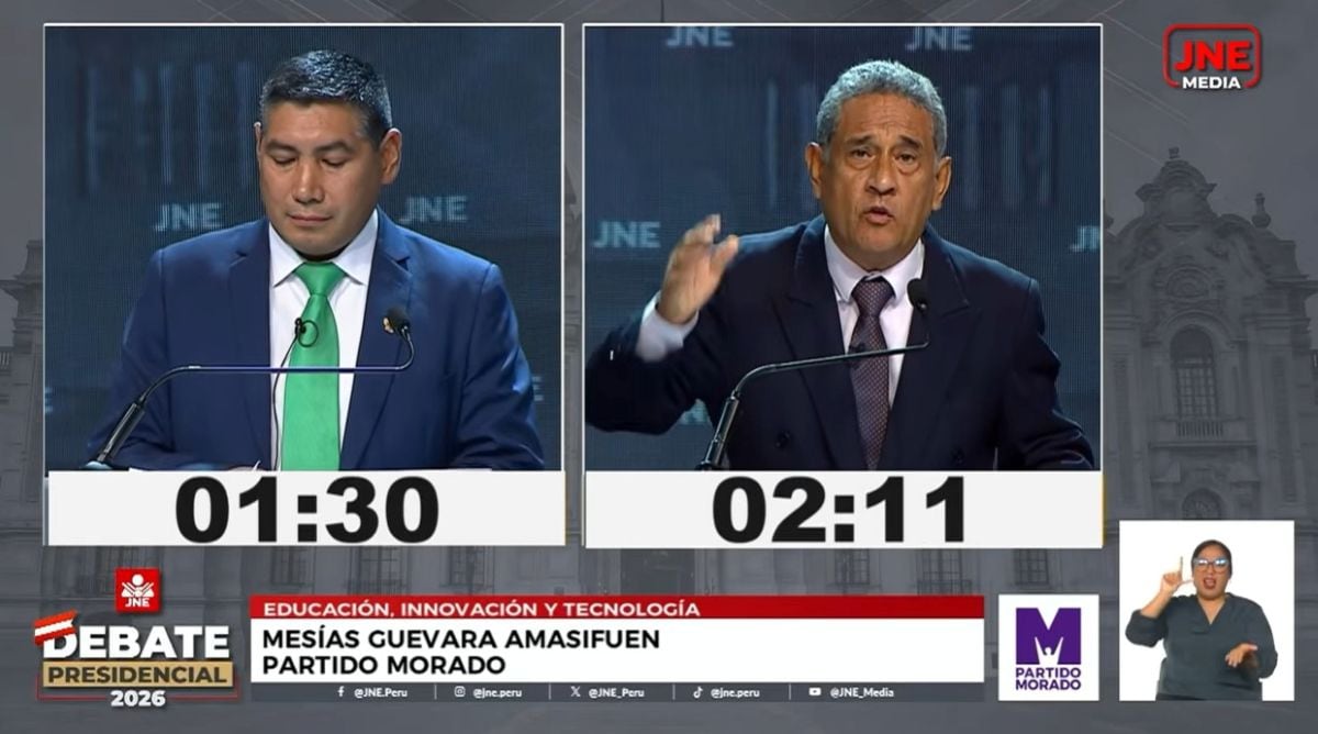 Mesías Guevara expuso sus propuestas en educación, ciencia y tecnología durante el debate presidencial organizado por el Jurado Nacional de Elecciones. Foto: Captura Video YouTube.
