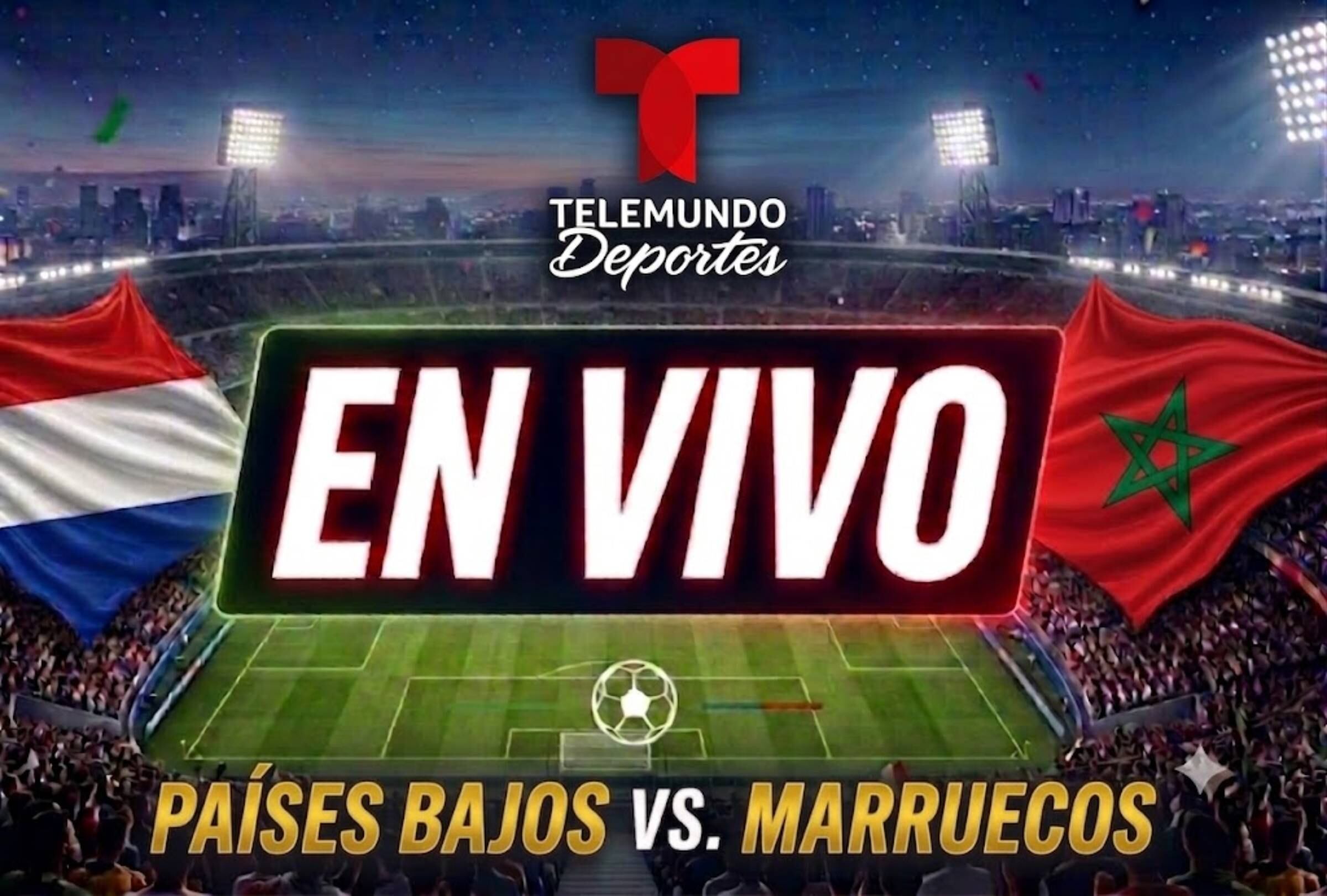 Monterrey, Nuevo León, México, 29/06/2026.- Telemundo Deportes transmitirá EN VIVO el partido de Países Bajos vs. Marruecos por los 16avos de final del Mundial 2026. El compromiso se realizará en el Estadio Monterrey, México. Imagen creada por Gemini.
