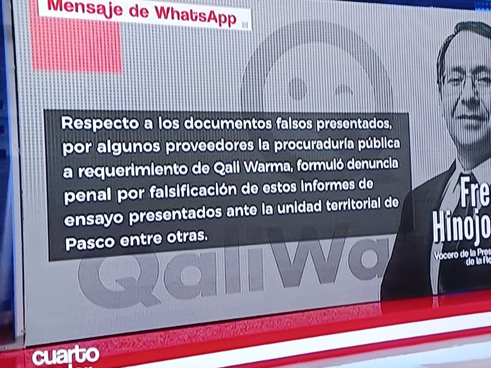 Mensaje de Fredy Hinojosa. Foto Cuarto Poder.